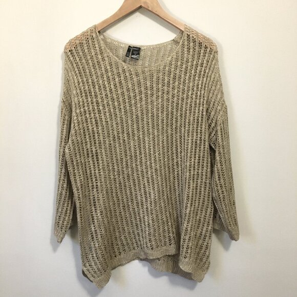 Kaktus Tops - Kaktus Tan Crochet Knit Top Boho Slip-Over Open Weave Top Plus Size 2X